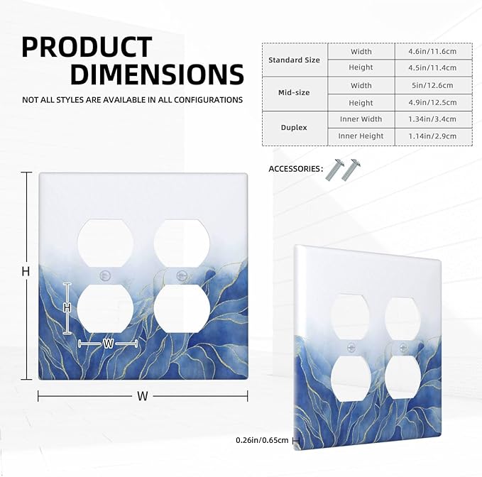 Decorative Light Switch Cover Plate Blue Gold Leaf Marble Modern Abstract 2 Gang Decorative Switch Plates 1 Toggle Duplex Combo Outlet Covers GFCI Plug Covers Wallplates for Kitchen Bathroom Decor