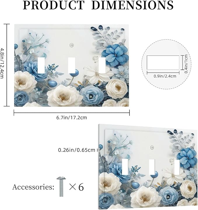 Decorative Light Switch Cover Blue Rose White Flowers Rustic Floral 3 Gang Wall Plate Oversized Triple Toggle Switch Cover Jumbo Electrical Face Plate for Home Decor