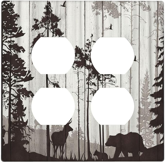 Decorative Outlet Covers Rustic Deer Hunting Forest Grey Wood Plank 2 Gang Wall Plate Double Duplex Light Switch Cover Switch Plate Covers Faceplate for Bedroom Home Decor