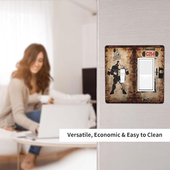 Vintage Gym Retro Brick Dumbbell Muscular Man2 Gang Toggle Rocker Light Switch Cover Decorative Combin Wall Plates Art Panel Brick Dumbbell Dimmer for Bedroom Boyroom Gyms Decor