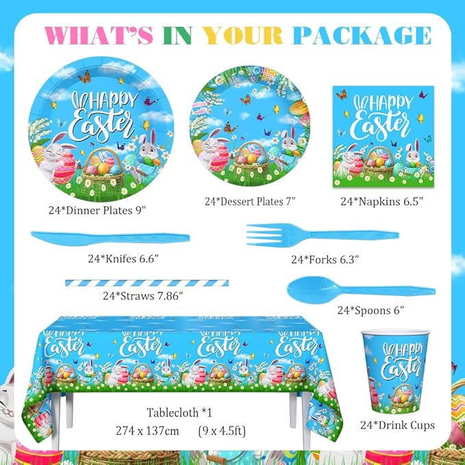 AIBIIN 193pcs Happy Easter Party Decorations Easter Paper Plates and Napkins, Cup, Tablecloth, Tableware, Spring Bunny Egg Disposable Dinnerware Party Supplies Serve 24 Guests