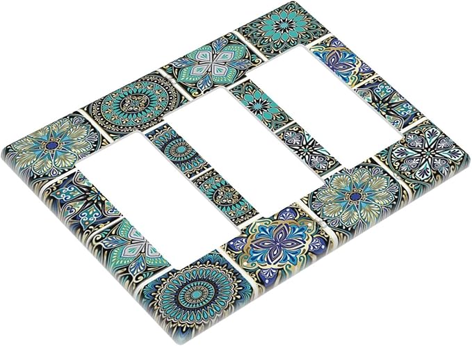 Light Switch Covers Mandala Decorative Rustic Vintage Turquoise Pattern 3 Gang Rocker Electrical GFCI Decorative Triple Outlet Wall Plate Cover Switchplate for Bedroom Bathroom Decor