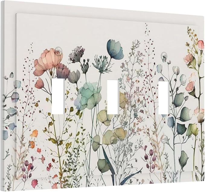 Spring Garden WildFlower Blossom Triple Toggle Device Switch Wall Plate 3-Gang Light Switch Cover Tan/Beige Flower Boho Floral Bontay Sage Herb Decorative Decorator Wallplate Switchplate Room Decorate