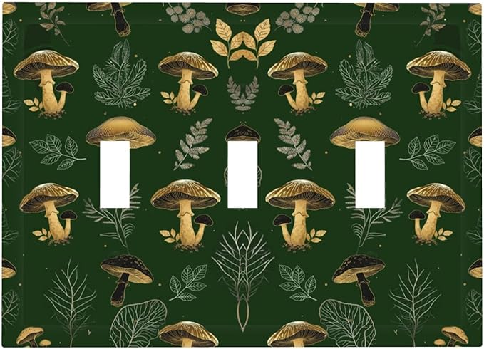 Decorative Light Switch Cover Plate Cute Gold Mushtroom Green Plant Leaf 3 Gang Wall Plates for Electrical Outlets Triple Toggle Switch Plate Covers Outlet Covers Faceplate for Home Decor