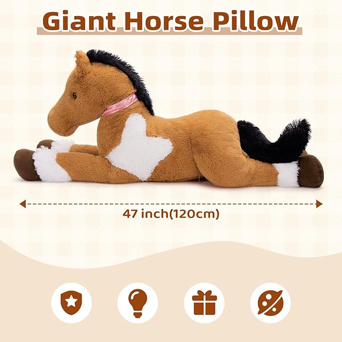 Tezituor 47inches Giant Realistic Horse Stuffed Animals, Hugging 4ft Soft Horse Plush Pillow for Sleeping, Large Stuffed Pony Plush Toys Birthday Gift for Boys Girls