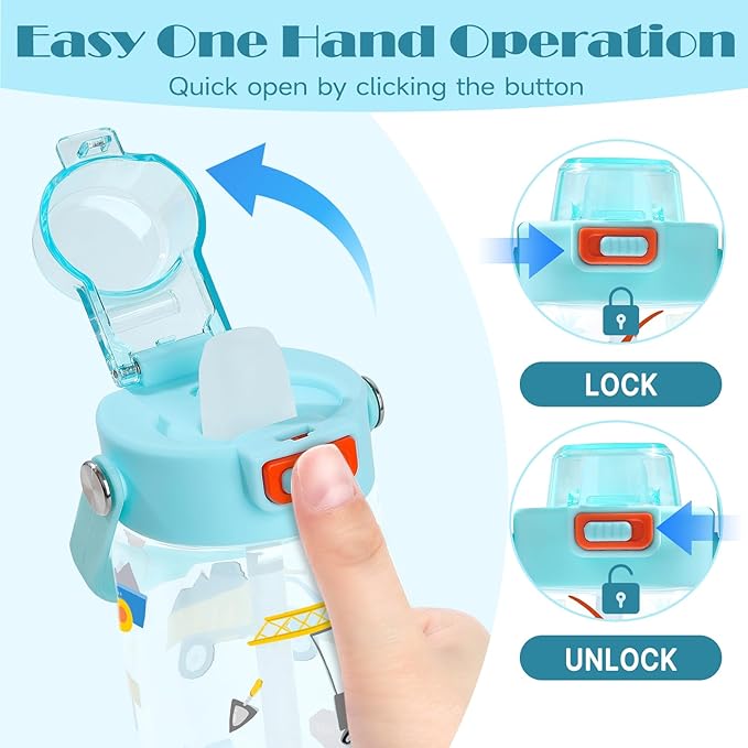 Queenshin Kids Excavator Construction Water Bottle 20oz BPA Free Tritan Boys School Outdoor Sports Leak Proof Water Cup with Straw Lid Handle Pop-Up Spout Cover