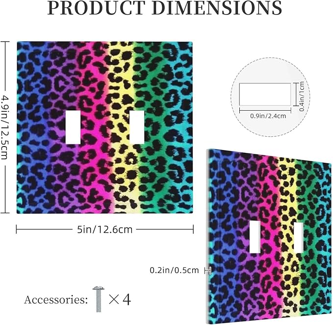 Funky Colorful Leopard Double Toggle Light Switch Cover Decorative 2 Gang Wall Plate Electrical Switchplate Faceplate Original Animal Print Safari Bathroom Kitchen Living Room Home Decor 5" x 4.9