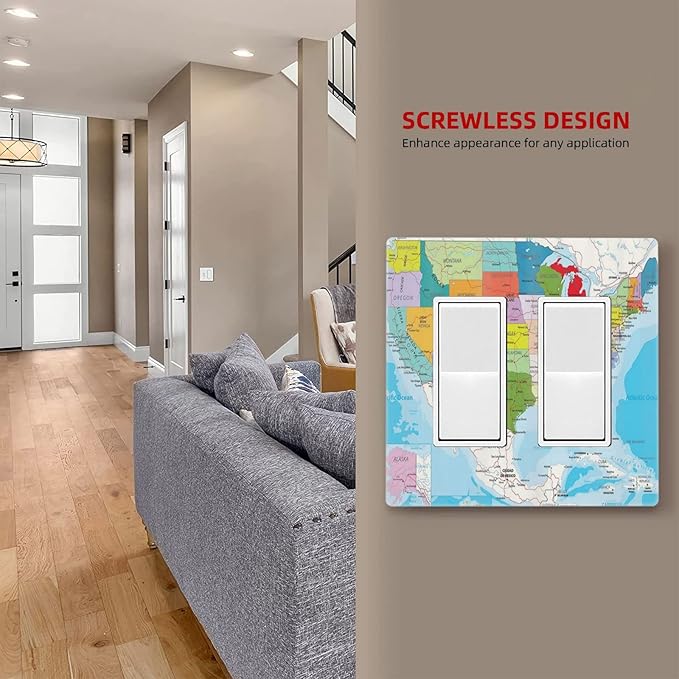 USA Map 2 Gang Double Rocker/Decor Light Switch Cover Decorative Outlet Wall Plate Electrical Faceplate Home Bedroom Art Panel Decor Screwless 4.7" x 4.6