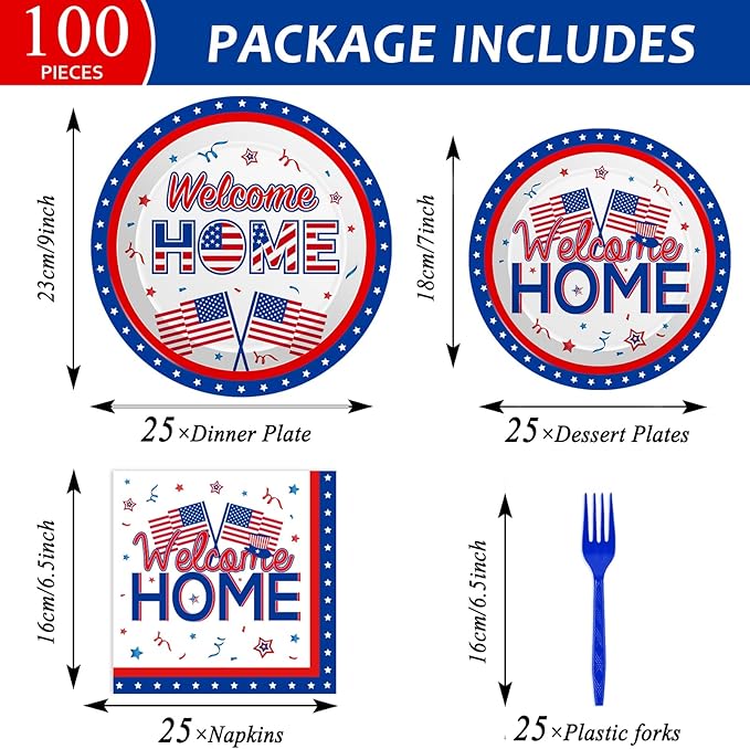 100Pcs Military Welcome Home Decorations Patriotic Army Soldier Homecoming Plates Napkins Proud of You Deployment Returning Party Decor Supplies Red White Blue Welcome Home Tableware Serve 25 Guests