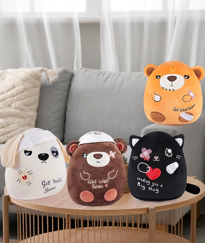 Get Well Soon Plush Bear - Teddy Bear Plush Toy with Injury Bandage, Kids' Pillow Cushion, Get Well Soon Gifts for Patient Kids, Dark Brown, 8 Inch