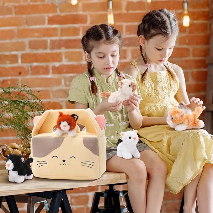 Blueweenly 8 Pcs Small Cat Stuffed Animal Set Plush House with 7 Fluffy Kitten Toys Stuffed Cats for Kids Birthday Gifts Pet Party Favors