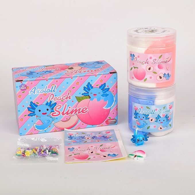 Axolotl Cloud Slime and Pink Peach Butter Slime Kit,Dual Colored New Charms,Super Soft and Non-Sticky, Stress Relief Toy Party Favors Birthday Gifts for Girls.