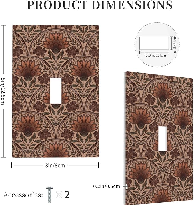 Earth Tone Floral Rustic Damask Boho Flower Decorative Light Switch Cover 1 Gang Single Toggle Device Electrical Faceplate Switchplates Decorator Outlet Wall Plate for Farmhouse Home Decor
