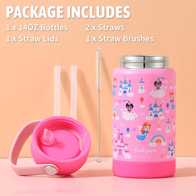 rockpapa 14 oz Kids Insulated Water Bottle，Stainless Steel Toddler Cups with Straws, BPA Free, Leak-Proof, Kids Water Bottle for School Boys& Girls (Pink Fairies)