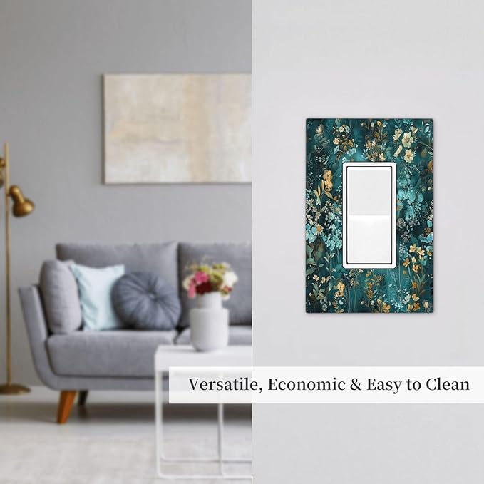 Decorative Outlet Covers Green Leaf Floral Boho Golden Flower Plant 1 Gang Single Rocker Light Switch Cover Plate Wall Plates Gfci Faceplate For Bed Room Cabin Decor