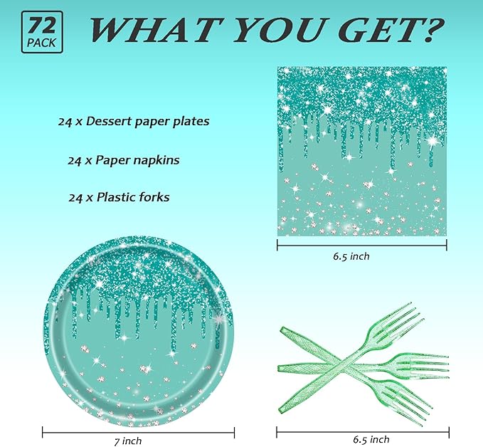 72 Pcs Teal Glitter Paper Plates 7in Disposable Paper Dessert Plates Napkins and Forks Party Tableware Set Happy Birthday Table Decorations for 24 Guests Blue Green Silver Birthday Wedding Theme Party
