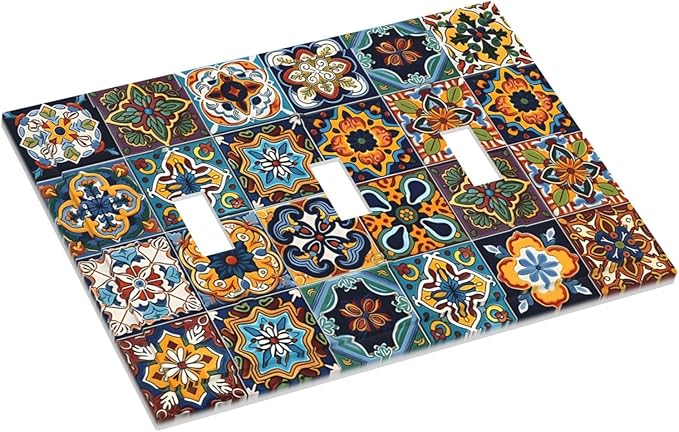 Mexican Talavera Tiles Floral Decorative Switch Plates 3 Gang Wall Plate Triple Toggle Light Switch Cover Faceplate Electrical Wall Panels for Bathroom Kitchen Decor