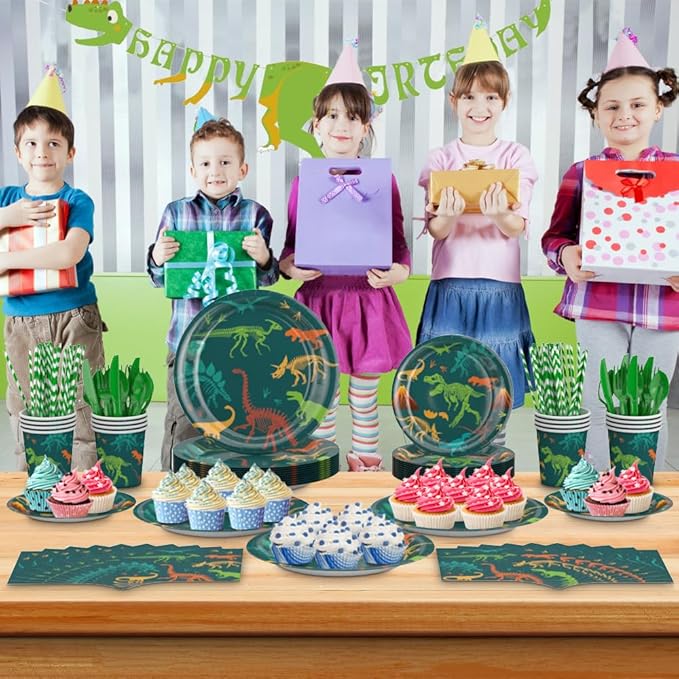 Dinosaur Birthday Decorations Tableware Set Birthday Party Supply Dinosaur Plates Dino Plate for Baby Shower,Disposable Dinosaurs Tableware Set with Tablecloth Cup Banner for Boy Serve 24