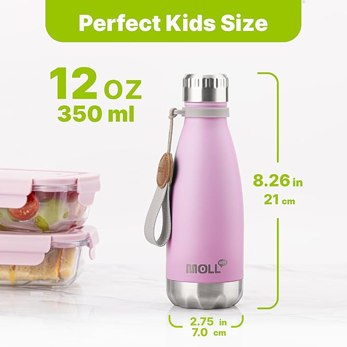 Small Water Bottle for Kids-12 oz Stainless Steel Insulated Water Bottle for Back to School-Double Wall Vacuum Travel Flask for Girls, Leak Proof & BPA Free (Purple Pink)
