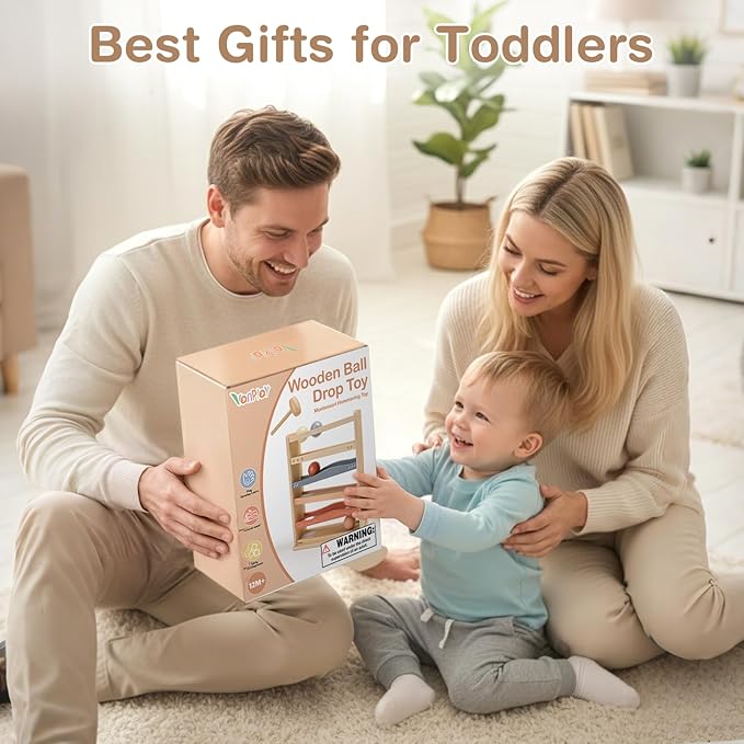 Vanplay Ball Drop Toys for One Year Old Boy Girls Birthday Gifts, Montessori Toys for 1 2 Year Old, Wooden Hammer Rolling Ball Toys for Toddlers 1-3, Cause and Effect Toys for Baby 12M+ First Gifts