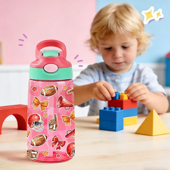 14oz Rugby Car Kids Water Bottle with Straw Lid - Football Water Bottles for Kids, Leakproof, Lightweight, Durable Plastic Bottles for School, Pop-Up Straw Cover, Gift Cup for Girls Boys (Rugby)