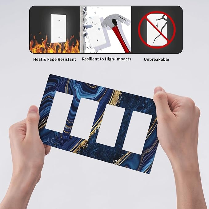 Navy Blue Marble 4 Gang Quad Rocker/Decor Light Switch Cover Plate Decorative Electrical Faceplate for Bathroom Room Decorate Jumbo Size Screwless 8.3" x 4.6