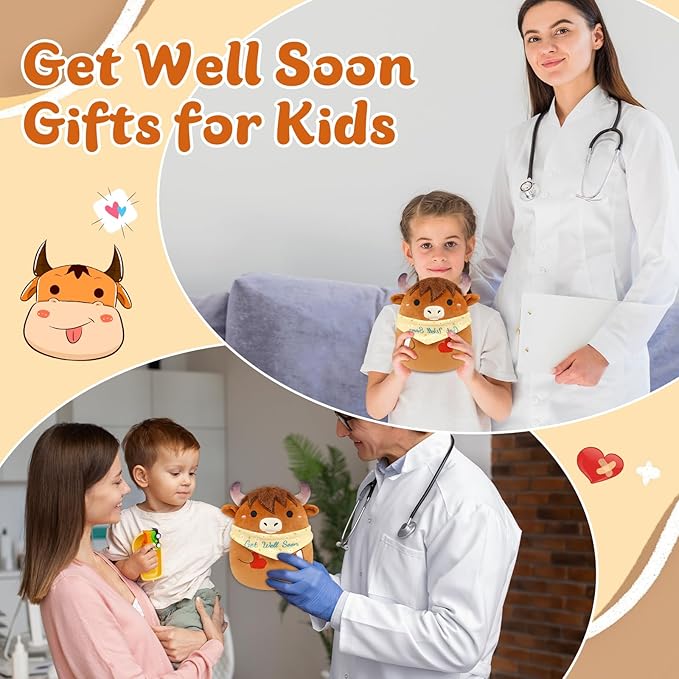 Get Well Soon Highland Cow Stuffed Animal, Get Well Gifts for Kids Women, 8 Inch Kawaii Cow Plush Get Well Soon Stuffed Animal, Feel Better Gifts for Kids