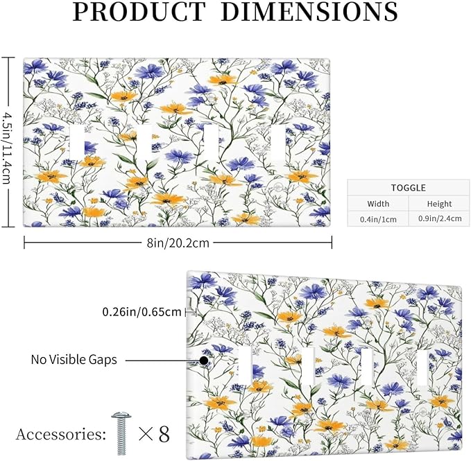 Light Switch Covers Floral Colorful Green Leaf Wildflower Quad Toggle Electrical Faceplate 4 Gang Wall Plate Decorative Switch Plates For Bed Room Living Room Decor