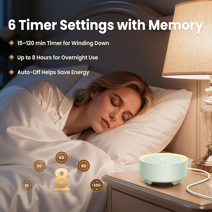 Kipcush Baby & Kids White Noise Sound Machine w/Night Light, 21 Non-Looping Sounds, 6 Timers (15-120 min & 8H), Memory, USB Powered for Nursery, Home & Travel
