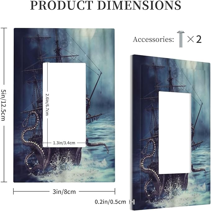 Octopus Ocean Kraken Nautical Pirate Ship 1 Gang Rocker Light Switch Covers Decorative Unique Single Decora Outlet Wall Plate Faceplate Switchplate GFCI for Kitchen Bedroom Bathroom Decor