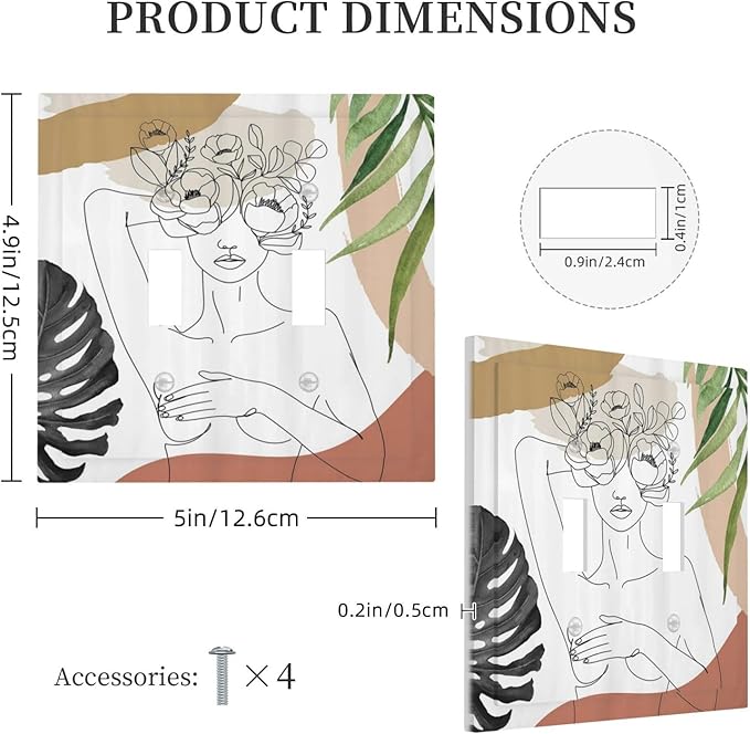 Mid Century Abstract Women Lady Boho Palm Leaf Double Toggle Light Switch Covers Decorative Unique 2 Gang Wall Plate Dual Electrical Faceplate Switchplate for Bathroom Bedroom Living Room Decor