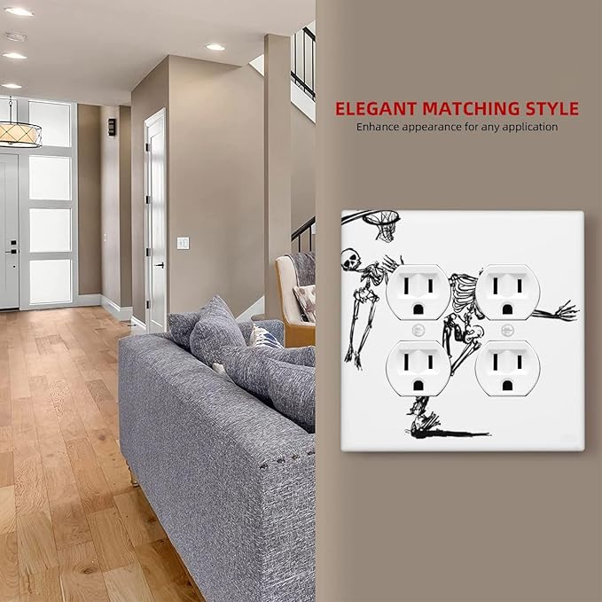 Outlet Covers Skeleton Basketball Funny Skull Stick Figure 2 Gang Double Duplex Decorative Light Switch Covers Electrical Wallplates Socket Faceplate For Home Office Decor