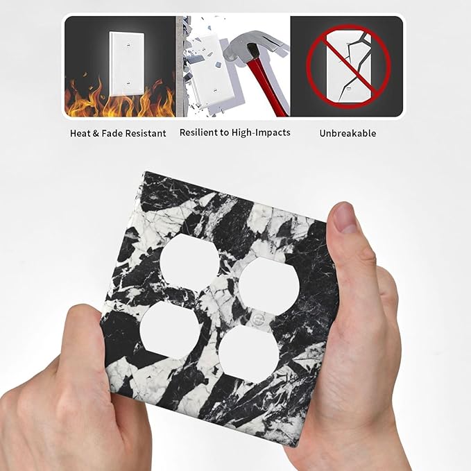Black White Marble Abstract Luxury Outlet Covers 2 Gang Double Duplex Decorative Light Switch Covers Electrical Wallplates Socket Faceplate for Bathroom Kitchen Decor