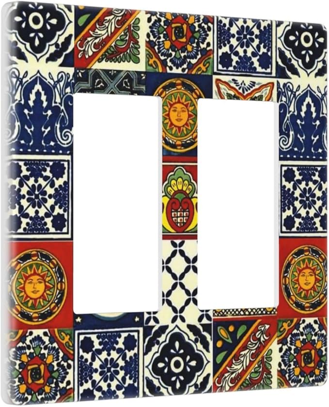 Mystic Aesthetic Blue/Red Boho Sun Moon Tile 2 Gang Double Decorator GFCI/Rocker Wall Plate Mexican Talavera Bohemian Tiles Electrical Outlet Decorative Receptacle Cover Light Switch for Dimmer, USB