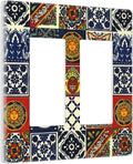 Mystic Aesthetic Blue/Red Boho Sun Moon Tile 2 Gang Double Decorator GFCI/Rocker Wall Plate Mexican Talavera Bohemian Tiles Electrical Outlet Decorative Receptacle Cover Light Switch for Dimmer, USB