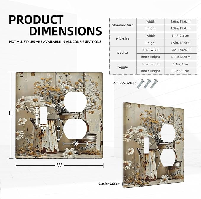 Rustic Flowers Daisy Floral White Wooden Planks Wallplates 1 Toggle 1 Duplex Switch Plate Electrical GFCI Faceplate Decorative Light Switch Covers for Farmhouse Home Decor