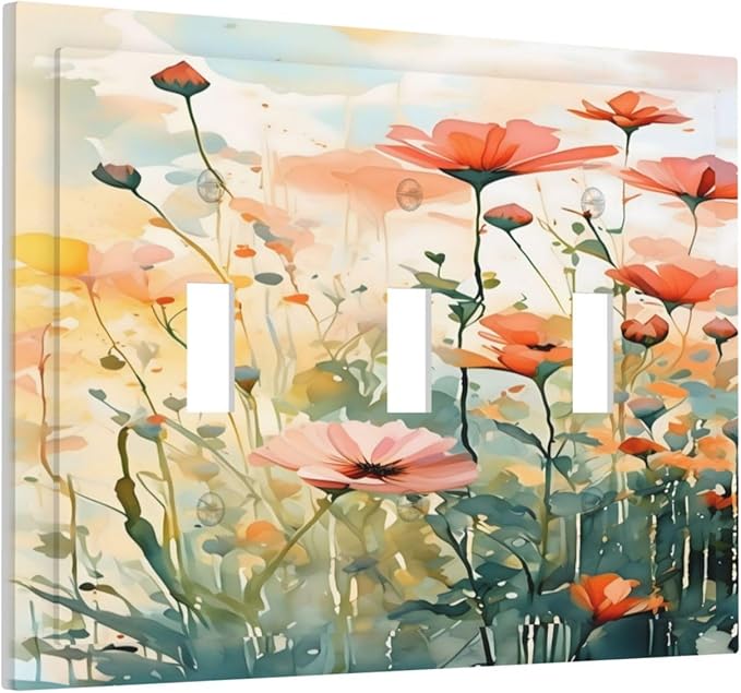 Vintage Red Orange Yellow Poppy Floral Flowers Decorative Switch Plates 3 Gang Wall Plate Triple Toggle Light Switch Cover Faceplate Electrical Wall Panels for Bedroom Living Room Decor