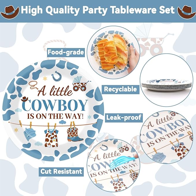 OBUSATT 96 Pcs Western Cowboy Baby Shower Paper Plates and Napkins Party Supplies Western Birthday Tableware Set A Little Cowboy is on the Way Party Decorations Favors for Boys Baby Shower Serves 24