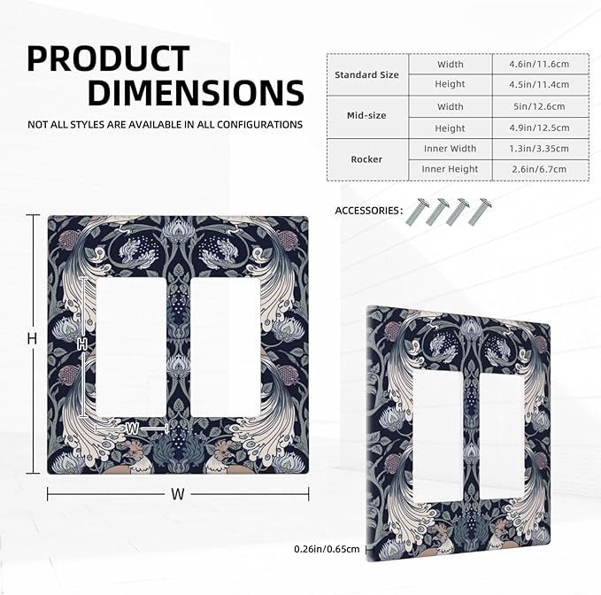 William Morris Vintage Floral Birds Peacocks 2 Gang Rocker Decora Light Switch Covers Dual Outlet Covers Wall Plate Decorative Switchplate Electrical Faceplate GFCI for Country Bedroom Decor