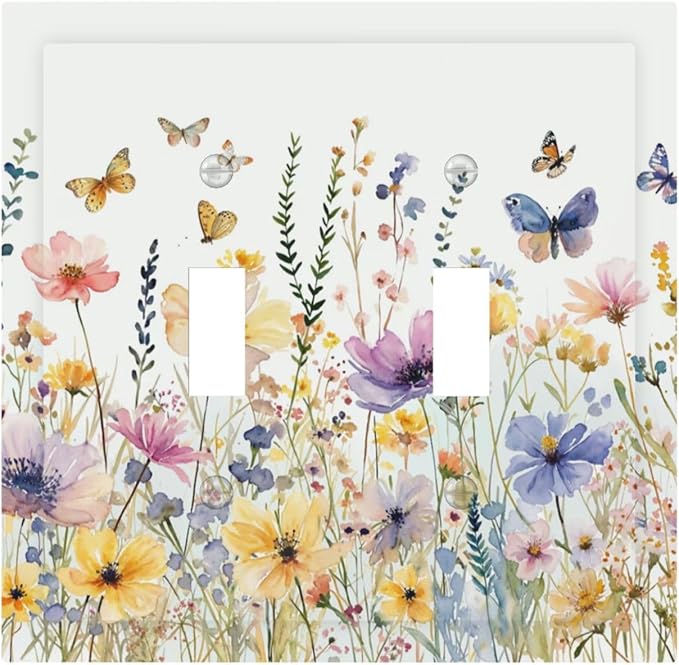 Wildflowers Colorful Flower Butterfly Floral Decorative Switch Plates 2 Gang Double Toggle Outlet Light Switch Cover Wall Plate Electrical Faceplate for Farmhouse Bedroom Decor