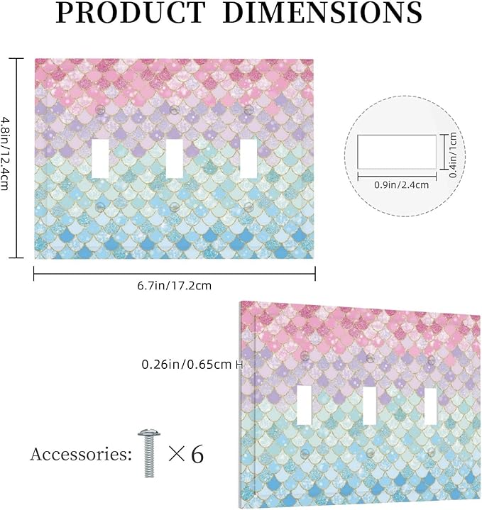 Colorful Mermaid Scales 3 Gang Light Switch Plate Decorative Triple Toggle Wall Plate Cover Electrical Faceplate Swichcovers for Girls Bedroom Kids Baby Nursery Living Room Bathroom Art Panel Decor