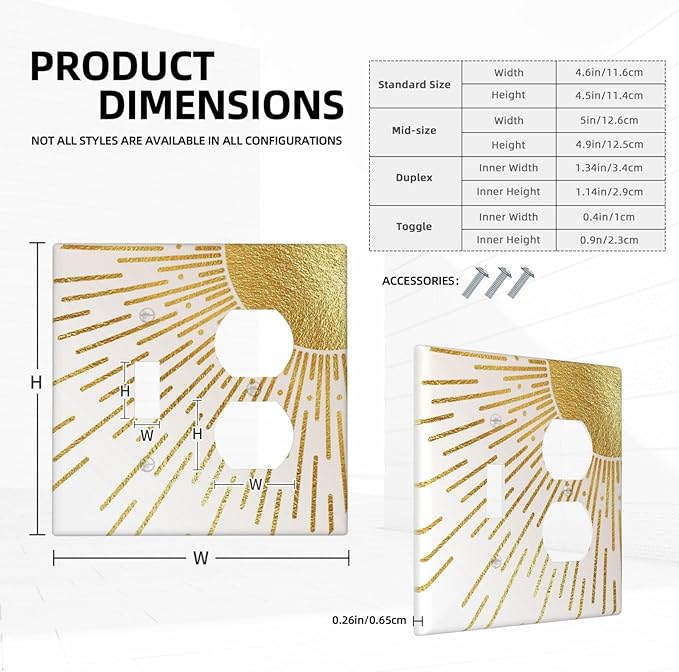 Mid Century Boho Gold Sun Abstract Sunrise Wallplates 1 Toggle 1 Duplex Switch Plate Electrical GFCI Faceplate Decorative Light Switch Covers for Kids Room Home Decor