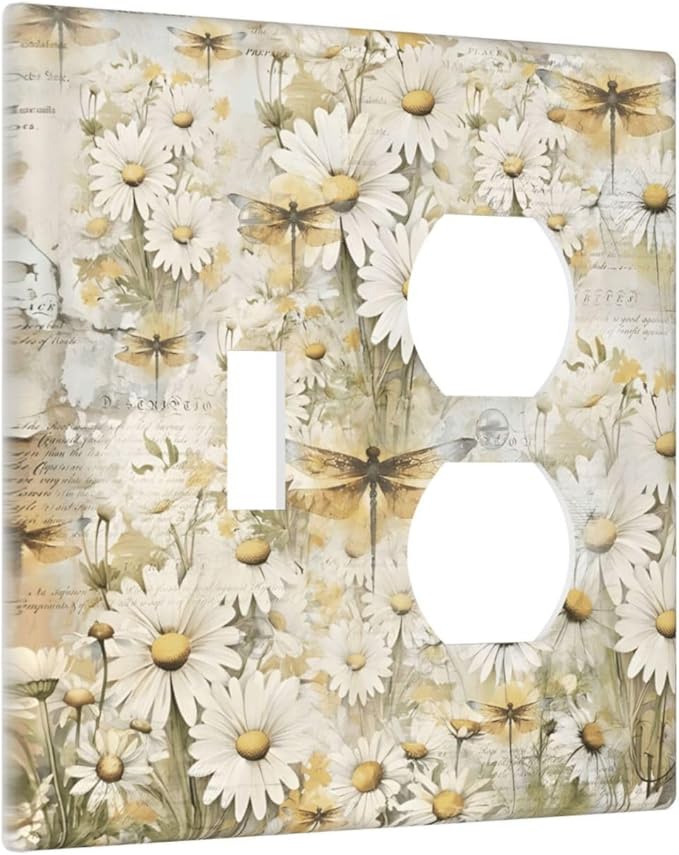 Vintage Letter Paper Wildflowers Dragonfly Daisy Floral Wallplates 1 Toggle 1 Duplex Switch Plate Electrical GFCI Faceplate Decorative Light Switch Covers for Farmhouse Bedroom Decor