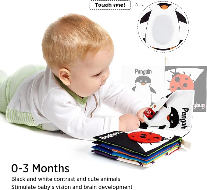 beiens Soft Baby Books - High Contrast Black & White Touch & Feel Crinkle Cloth Books for Infants & Toddlers, Early Educational Stimulation Toys, Baby Girl & Boy Gift, Animal