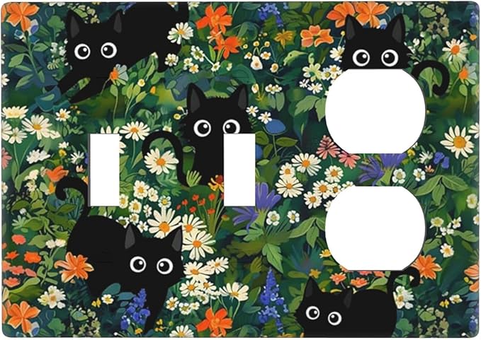 Black Boho Green Leaves Floral 3-Gang 2-Toggle 1-Duplex Receptacle Combination Light Switch Decorative Triple Combo Device Switches/Rocker Outlet Covers and Wall Plate