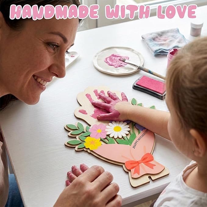 HYPERI DIY Mothers Day Crafts for Kids Handprint Art, Handprints Wooden Rose Flower Bouquet, Mothers Day Gifts for Mom from Kids, for Grandma from Grandkids, Mothers Day Keepsake Craft (Mom Bouquet)
