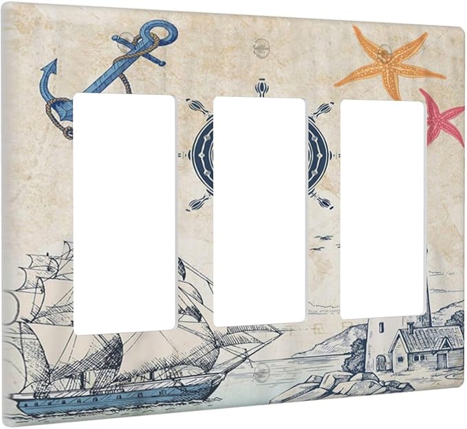 Nautical Sailboat Beach Anchor Pirate Beacon Ocean 3 Gang Rocker Light Switch Covers Decorative Triple Outlet Wall Plate Cover Faceplate Decorative Switchplate GFCI for Farmhouse Bathroom Decor