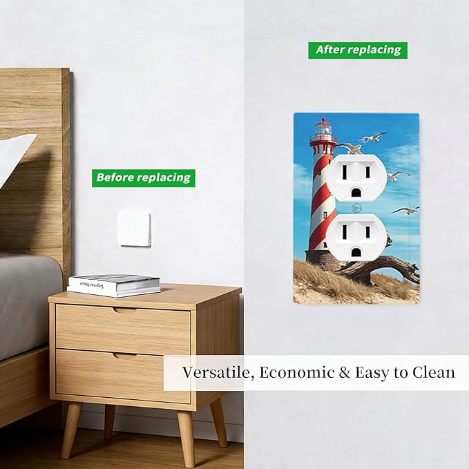 Lighthouse Coastal Scene Duplex Wall Plate - 1-Gang Standard US Size Nautical Coastal Beacon Outlet Covers for Living Room Bathroom Decor