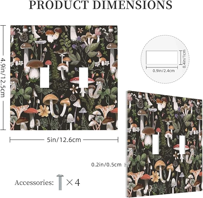 Cute Vintage Gothic Black Boho Mushroom Double Toggle Wall Plate Hippie Bohemian Plant Fungus Forest Floral Botanical Decorative 2-Gang Light Switch Cover Electrical Receptacle Outlet Face Plate Cover