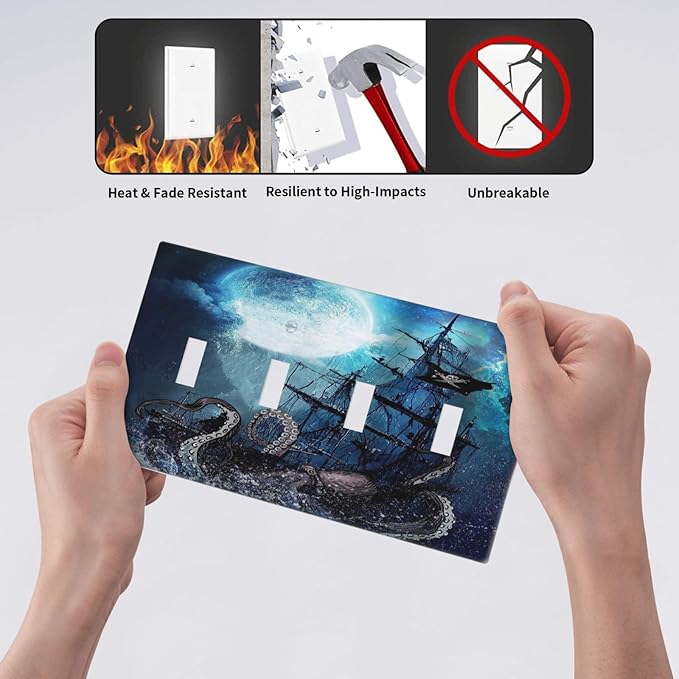 Moon Ocean Nautical Octopus 4 Gang Device Light Switch Cover Decorative Quad Toggle Wall Plate Decorative Electrical Faceplate for Home Bedroom Art Decorate